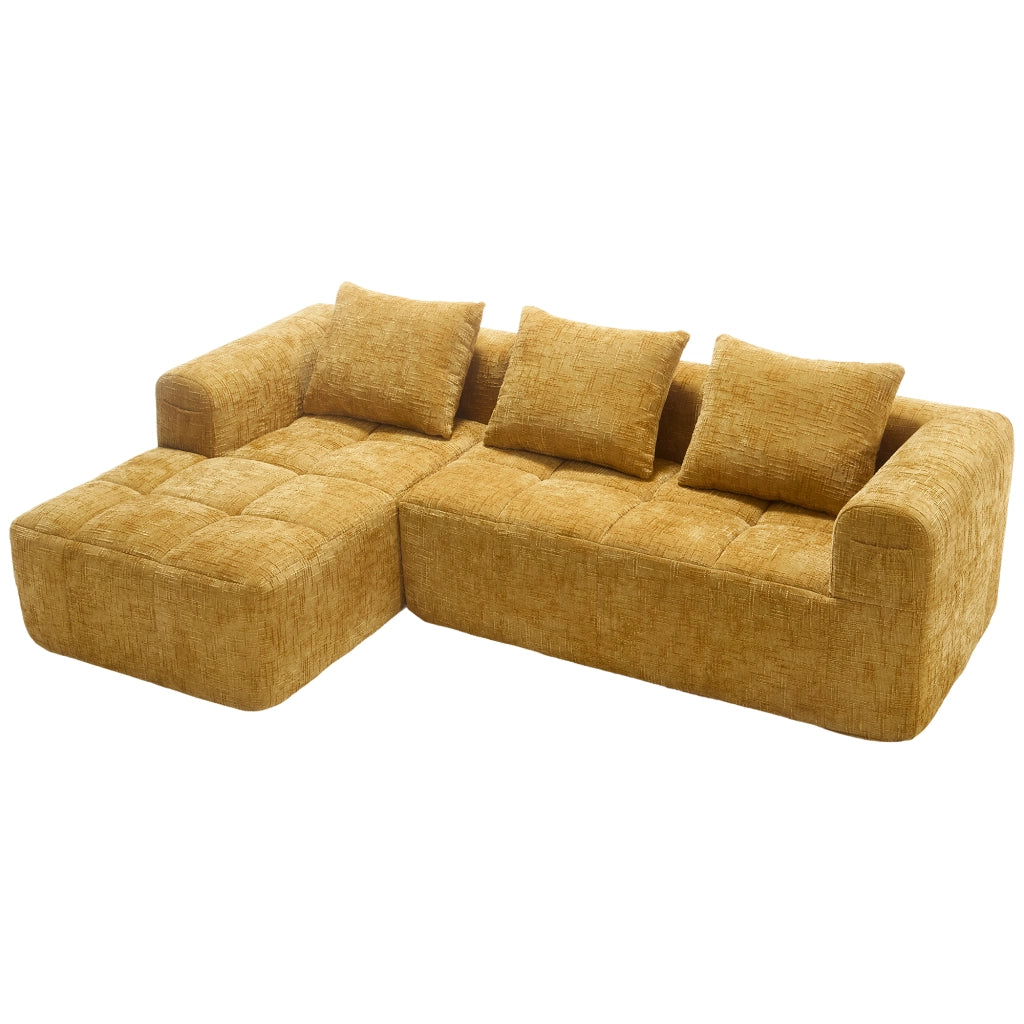 Divano componibile 3 posti in ciniglia gialla con chaiselongue; 250 cm
