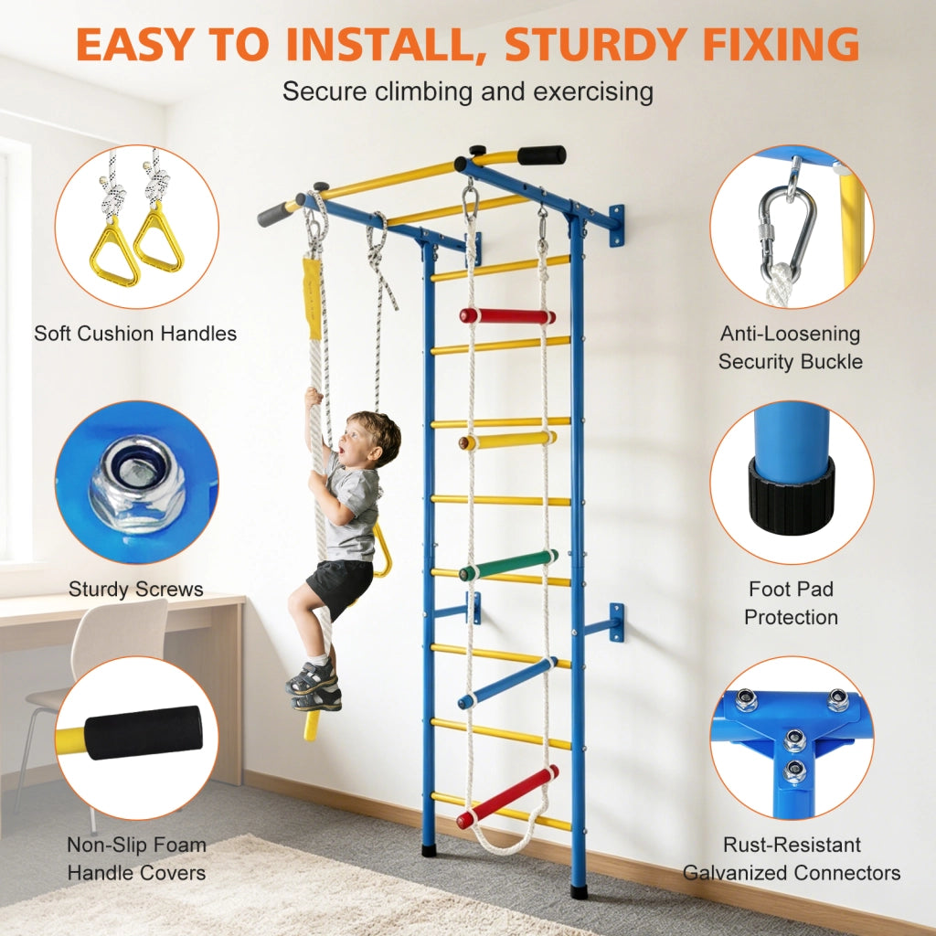 Set da arrampicata 5 in 1 per bambini, scala a muro in acciaio con sbarra per trazioni, corda e anelli ginnici. Struttura solida per interni, regalo ideale