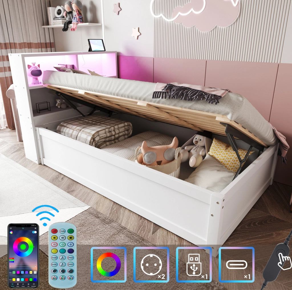 Letto singolo multifunzione 90x200 cm con LED e vani, bianco