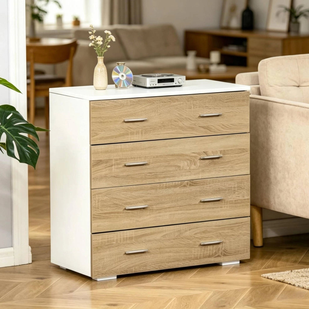 Cassettiera 4 cassetti bianco e legno chiaro 76x35x72 cm