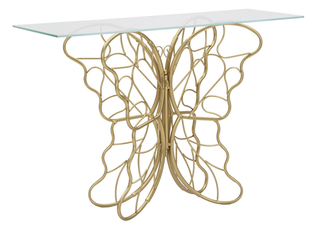 Console Butterfly 110x40x76 cm in Ferro e Vetro Oro