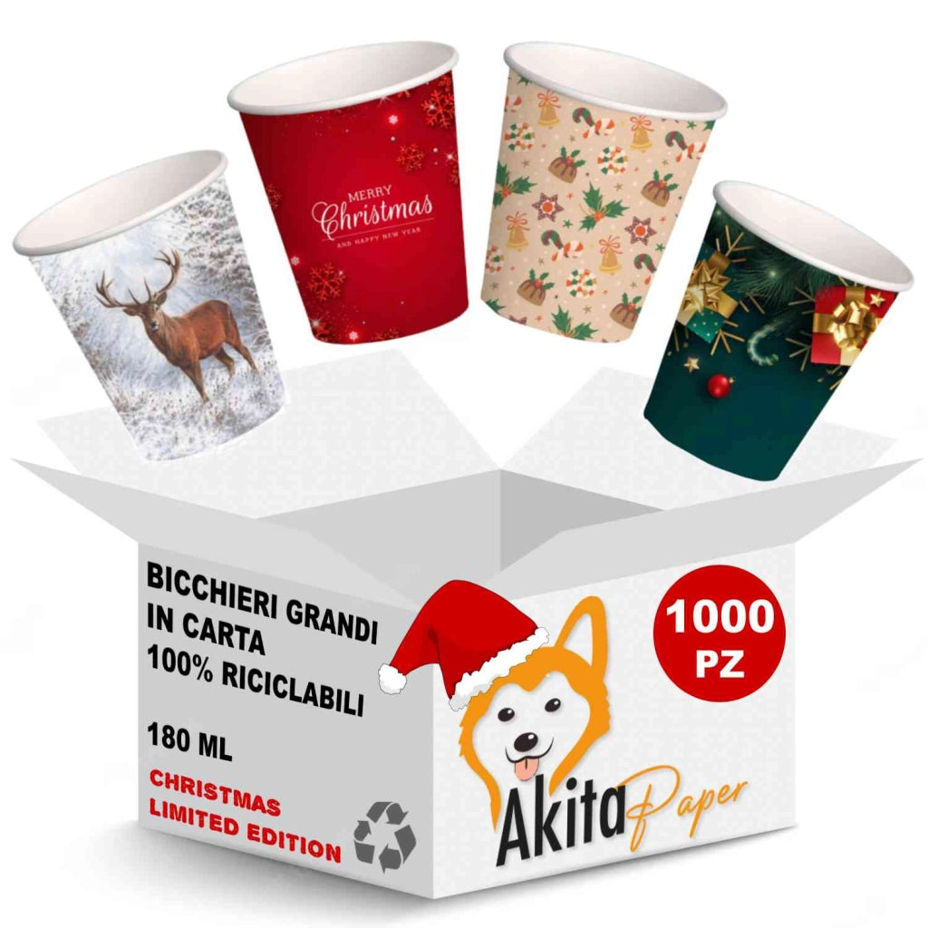 1000 Bicchieri Carta Natale 180ml Biodegradabili AKITAInk