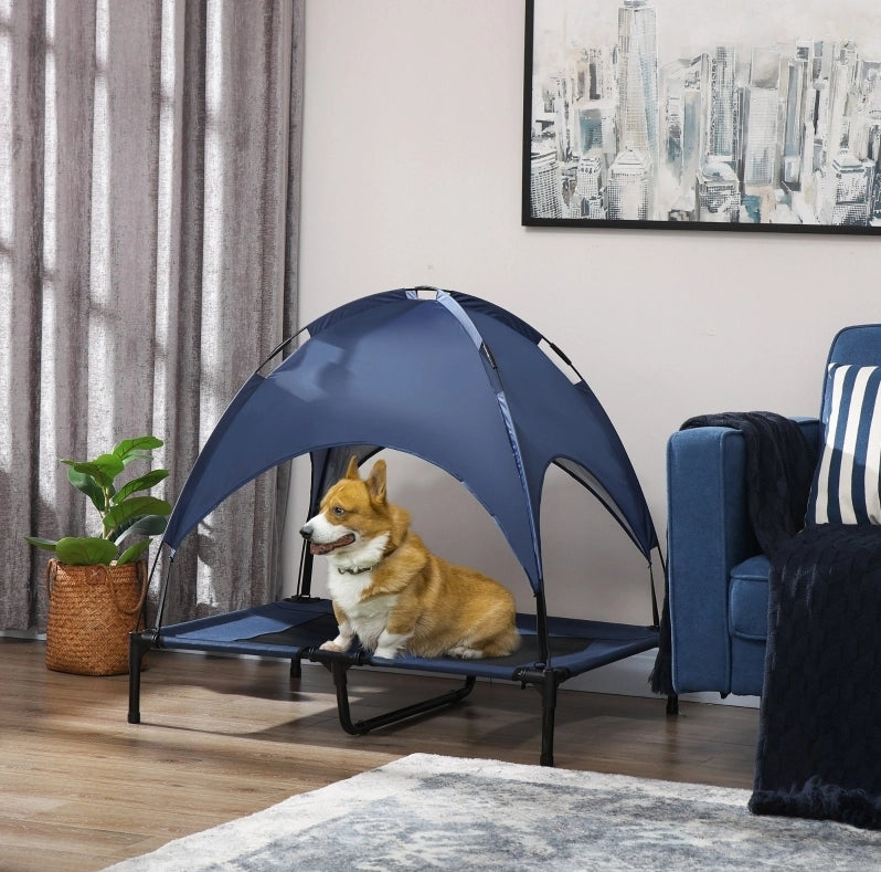 Lettino per cani con baldacchino 92 x 76 x 90 cm blu scuro, pieghevole, rialzato