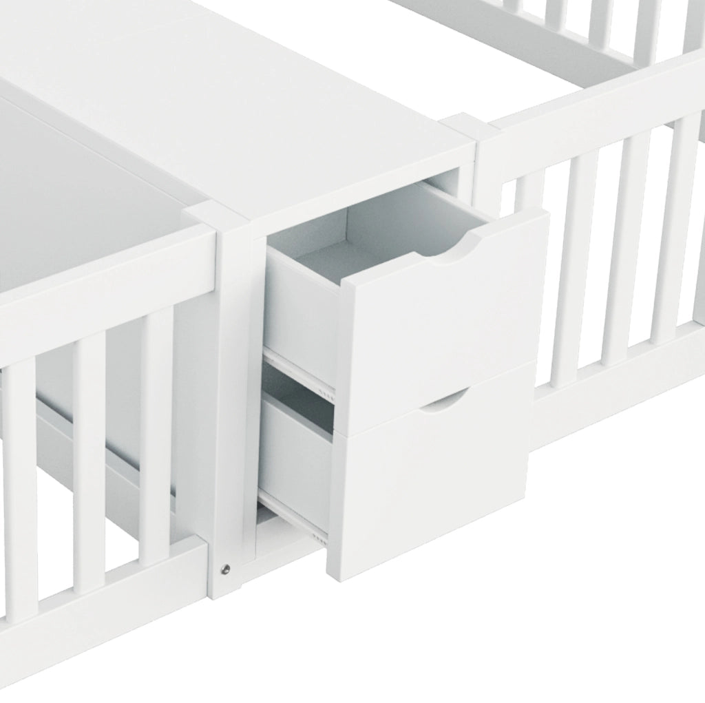 Letto doppio in legno 90x200 cm con scaffale e 2 cassetti; bianco