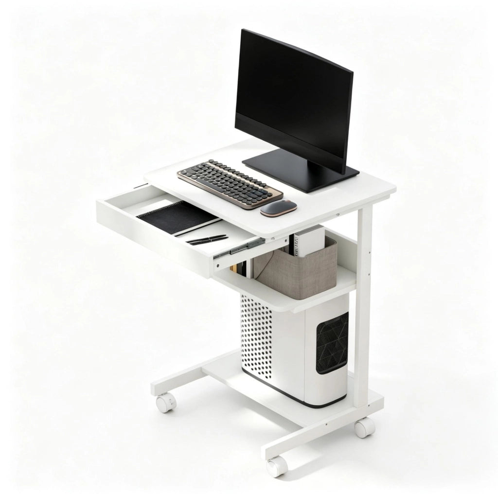 Scrivania per computer con ruote, 56x51 cm, con cassetto, ripiano e supporto CPU, per ufficio e home office, bianca