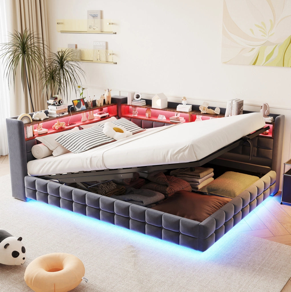 Divano letto imbottito con contenitore 140x200 cm; velluto grigio; LED; prese USB e Tipo C