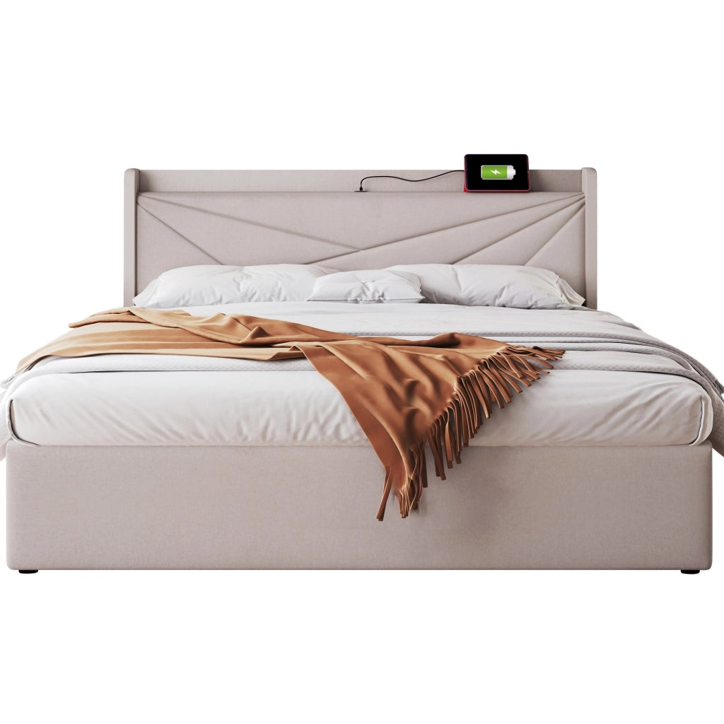 Letto matrimoniale contenitore 160x200 cm in cotone e lino beige con USB e Tipo C
