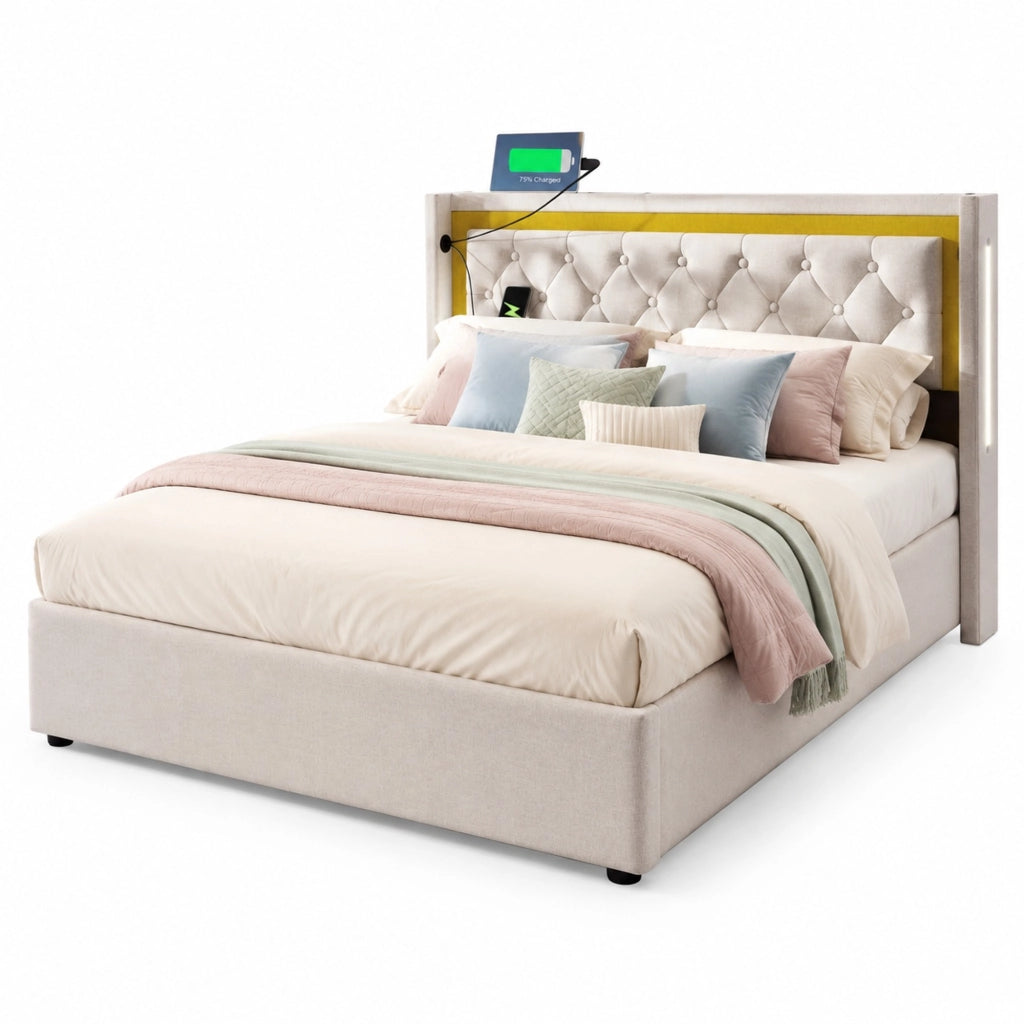 Letto matrimoniale LED 140x200 in cotone beige con USB e Type-C, contenitore e rete a doghe