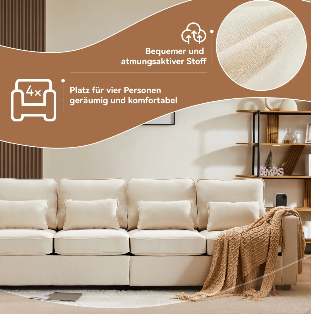 SOFA 4 posti in tessuto lino Beige con 4 cuscini lombari