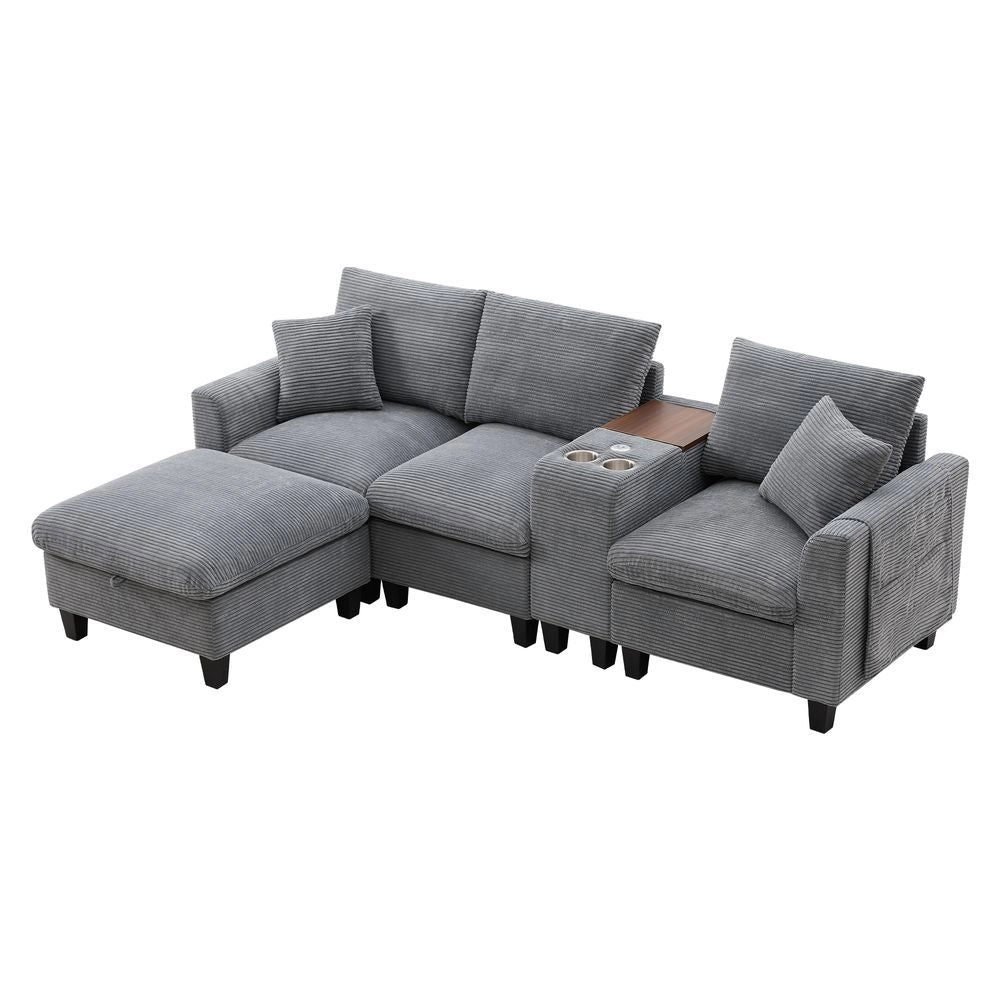 Divano angolare a L - Xylo - Velluto, console con USB, ripostiglio, grigio