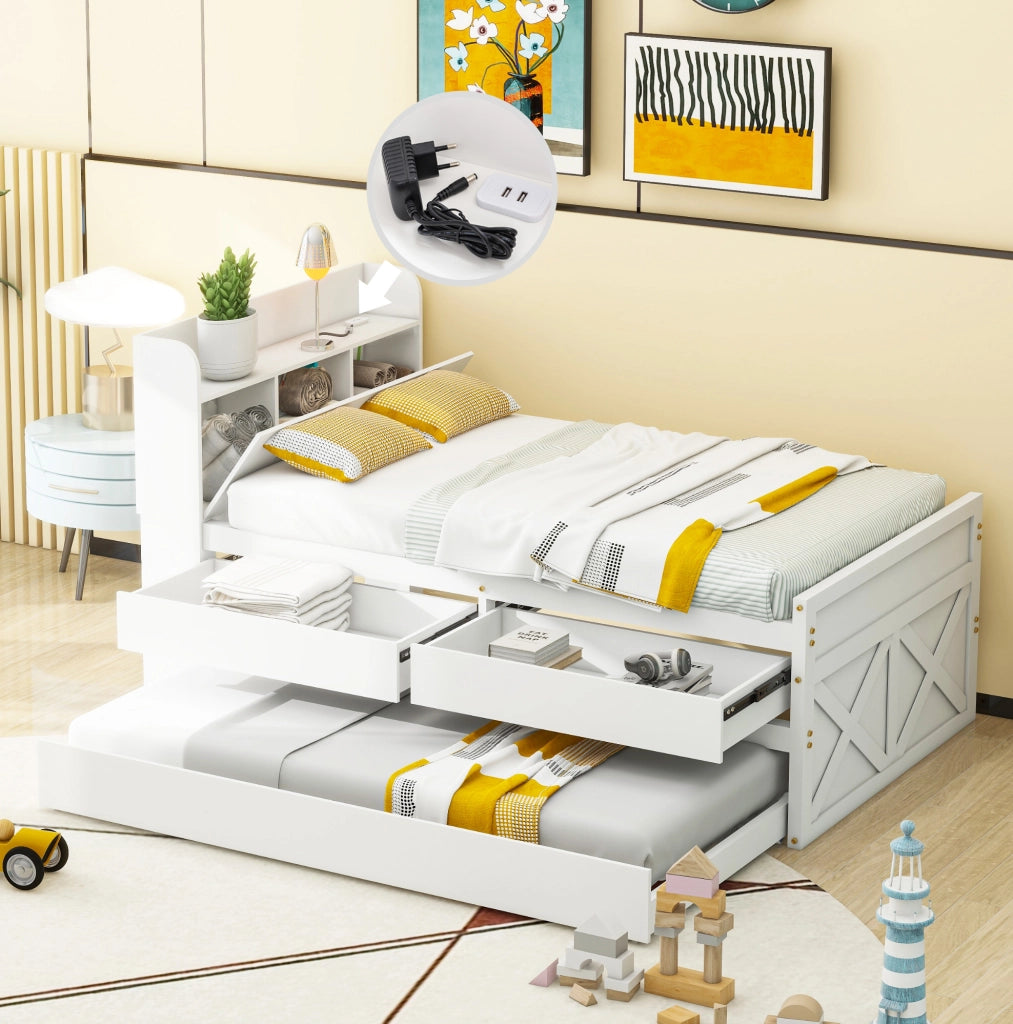 Letto singolo 90x190 cm bianco in legno con letto estraibile e 2 cassetti, senza materasso