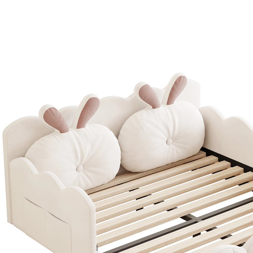 Letto per Bambini 140x200 cm, con Cuscino a Orecchie di Coniglio e Sponde - Beige