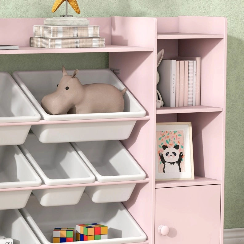 Scaffale per bambini 140x30x90 cm in MDF e metallo rosa con 8 contenitori