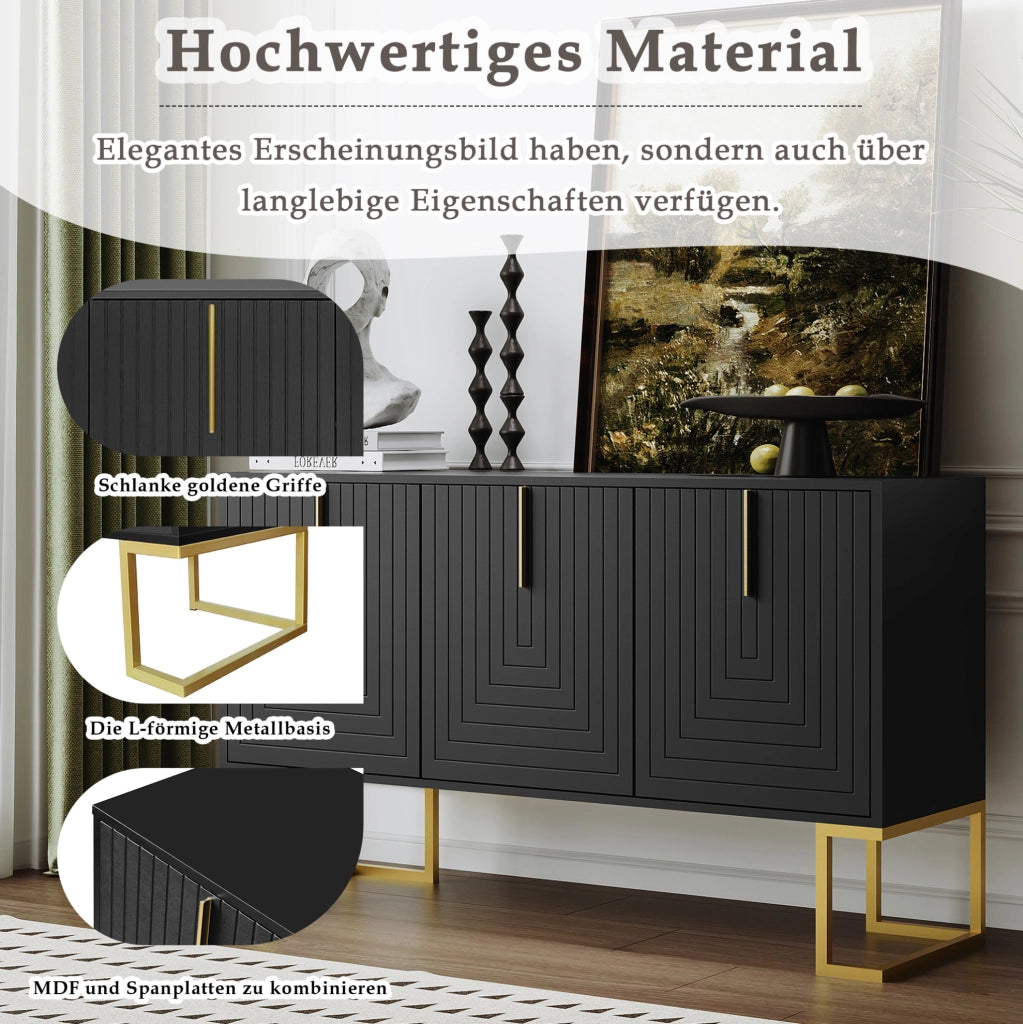 Credenza moderna a 3 ante con ripiani regolabili e base in metallo; MDF nero