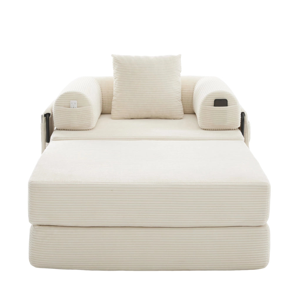 Divano modulare in corduroy beige con pouf, cuscino e tasca laterale