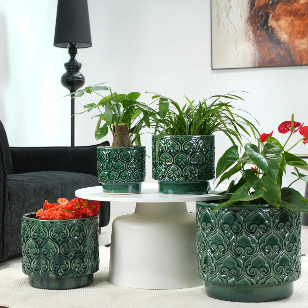 VASO per Piante  24 cm in Ceramica Verde con Foro di Drenaggio