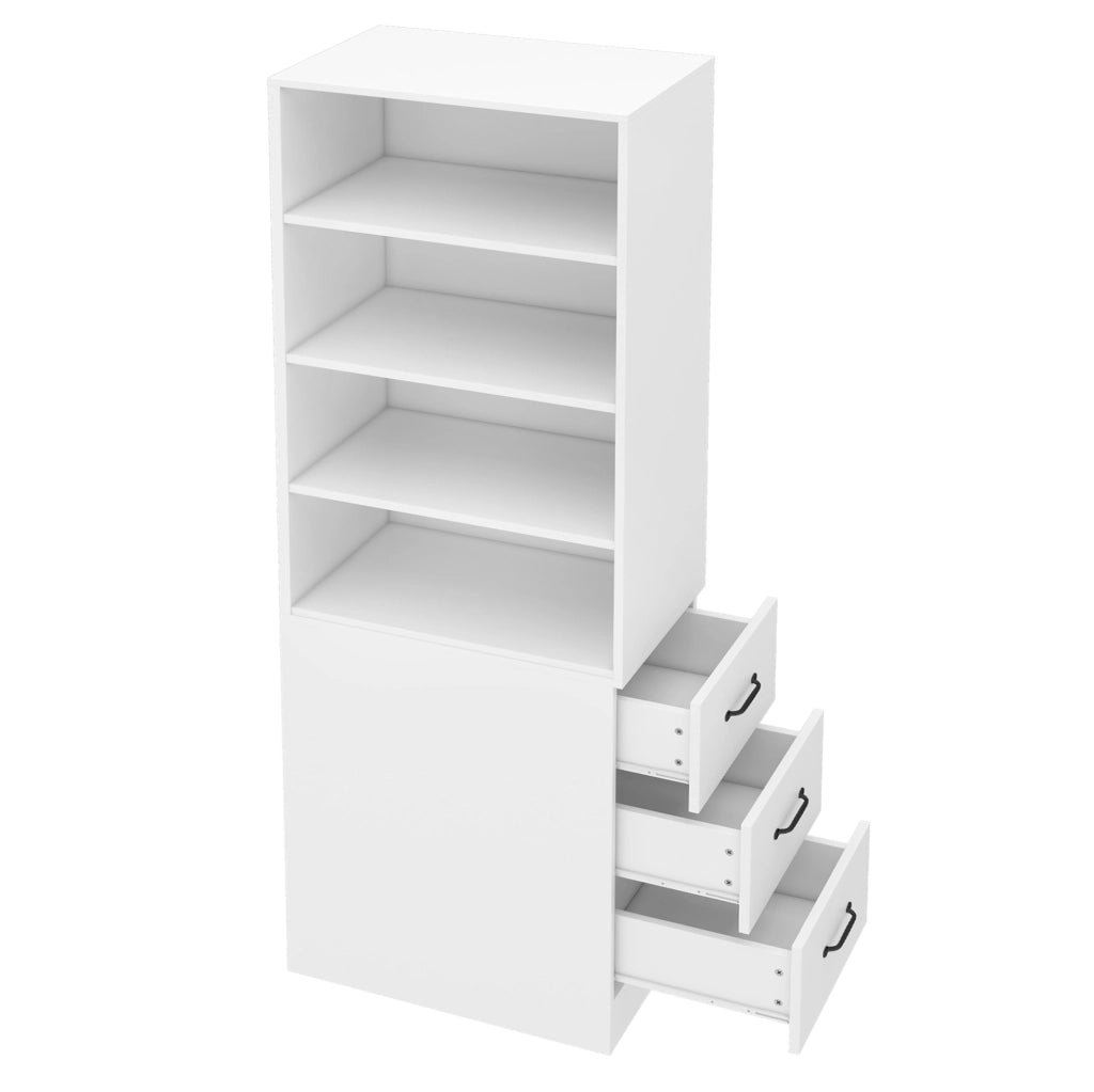 Libreria alta 180 cm slim con 3 cassetti laterali; 4 ripiani; bianco