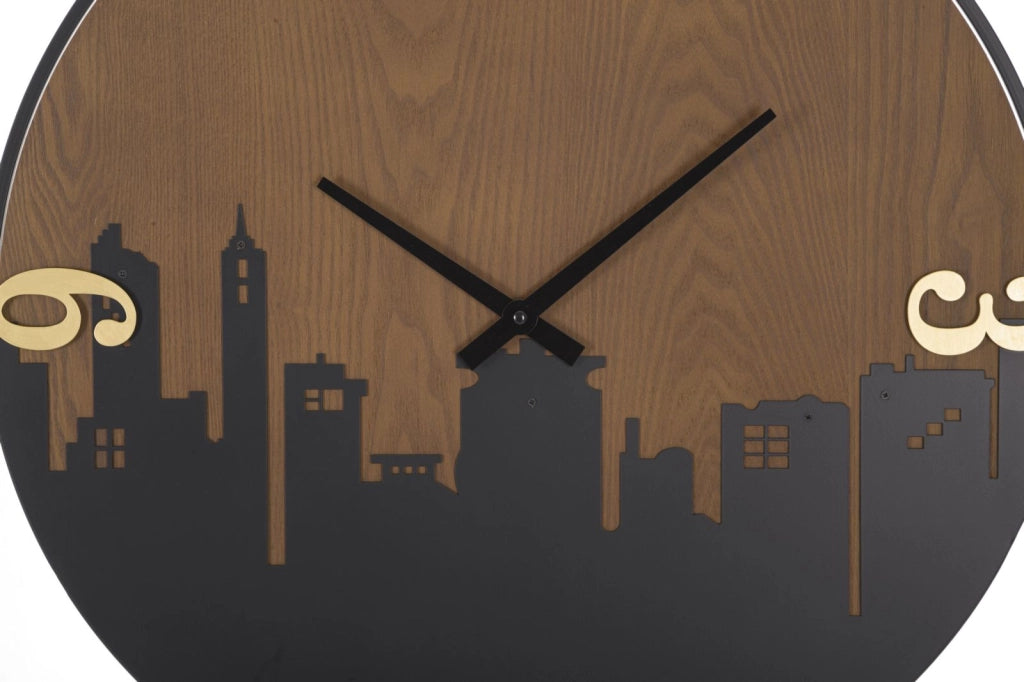 Orologio da Muro City 60x2x60 cm in Ferro e MDF Nero e Marrone e Oro
