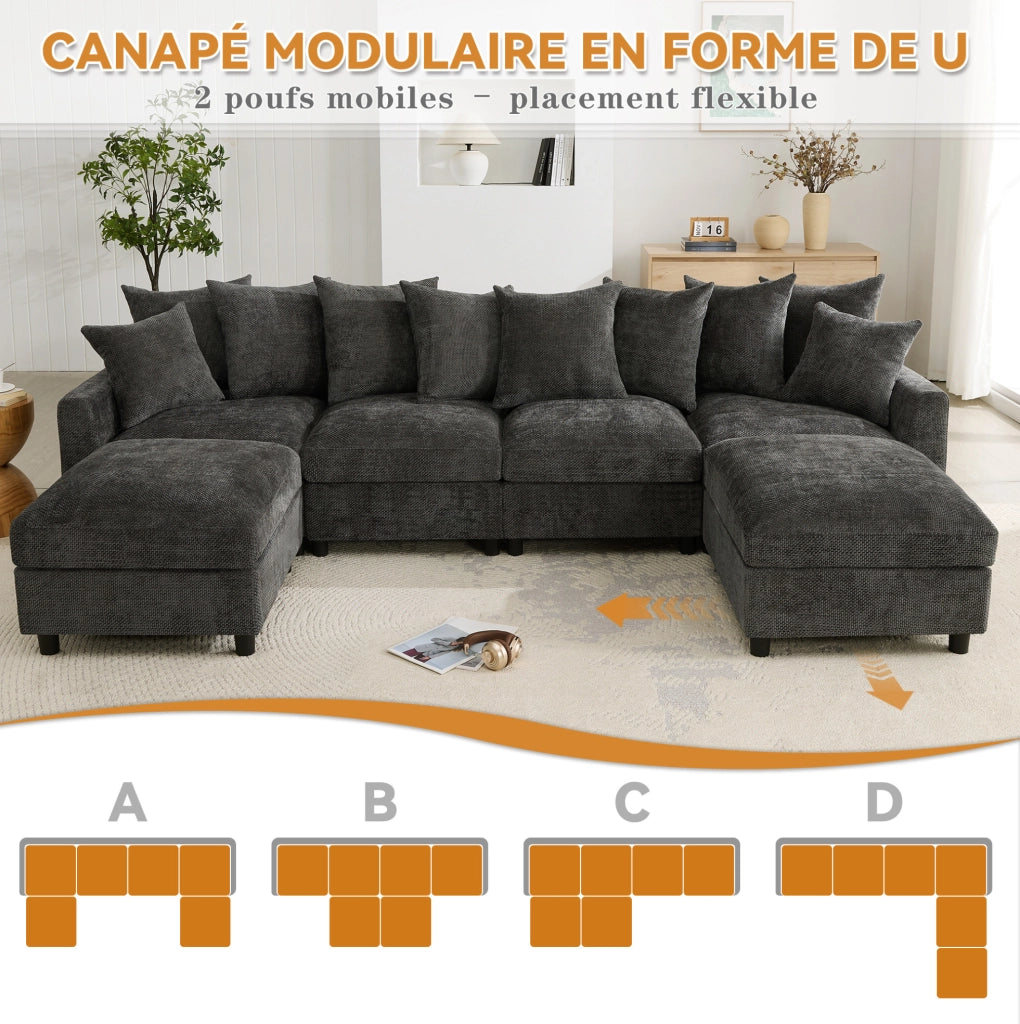 Divano modulare ULEVR 6 posti a U o L con 2 pouf, USB e Type-C, cuscini regolabili, chenille grigio