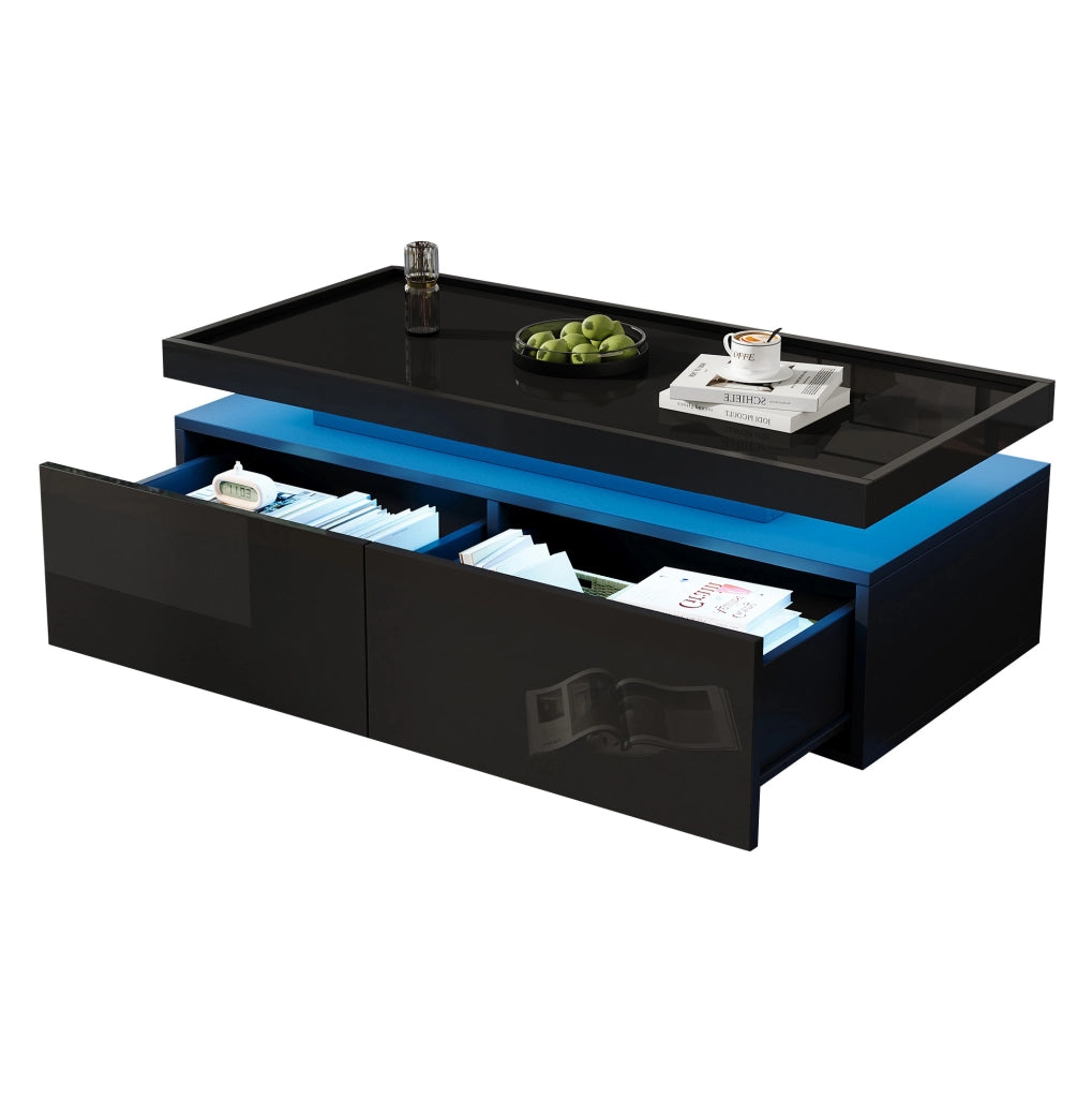 TAVOLINO DA CAFFÈ 95x45x35 cm Nero Lucido con LED e 2 Cassetti