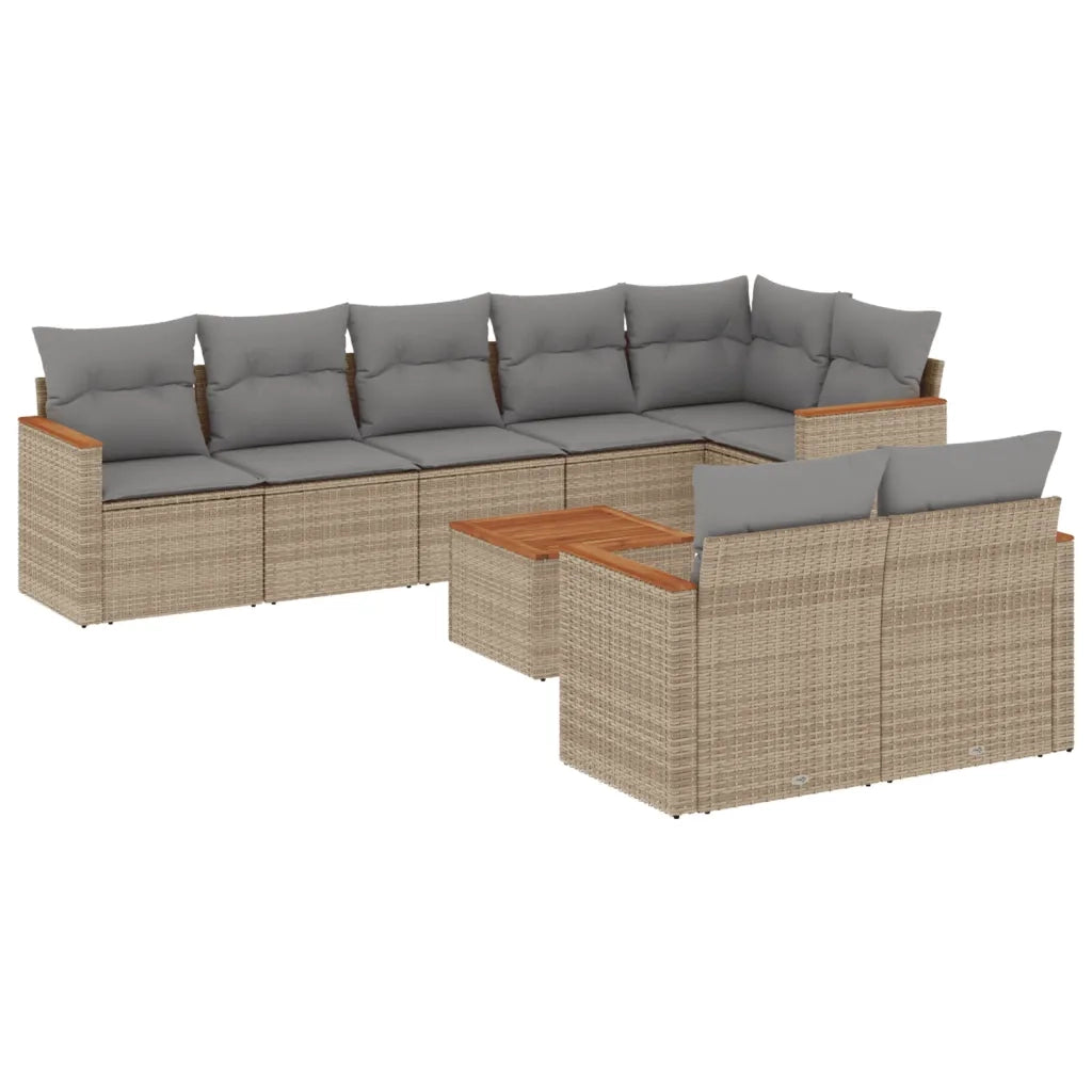 Set Divano da Giardino 9 pz con Cuscini Beige in Polyrattan