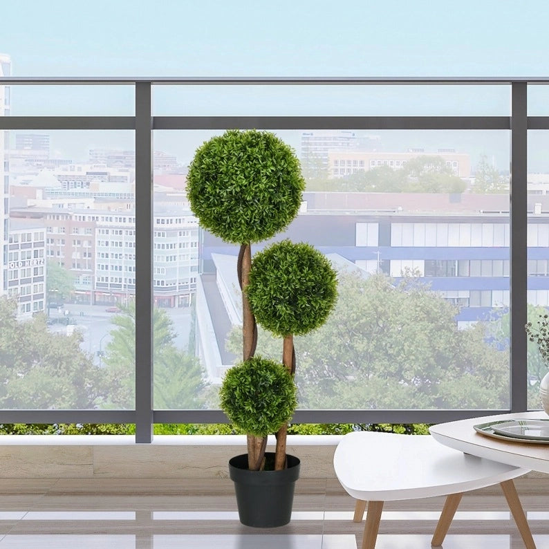 Pianta artificiale ULEVR di bosso 110 cm con 3 sfere, foglie in polietilene resistenti ai raggi UV, verde