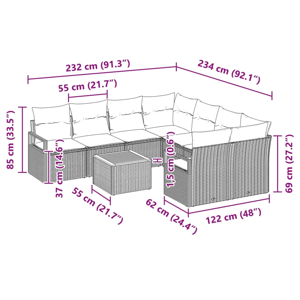 Set Divano da Giardino con cuscino 9 pcs Nero polyrattan 3347690