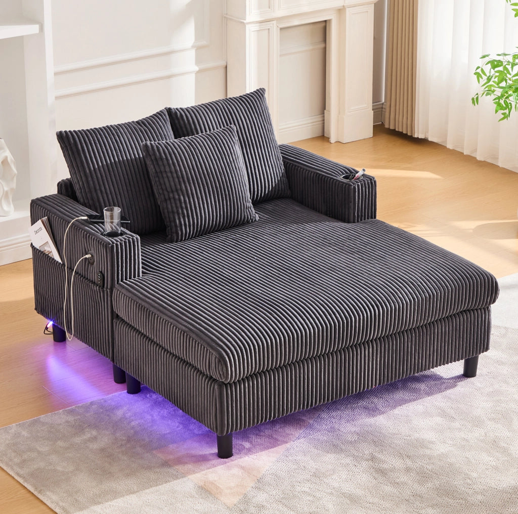 Poltrona relax extra large con LED multicolore; USB e portabicchieri in velluto a coste grigio scuro
