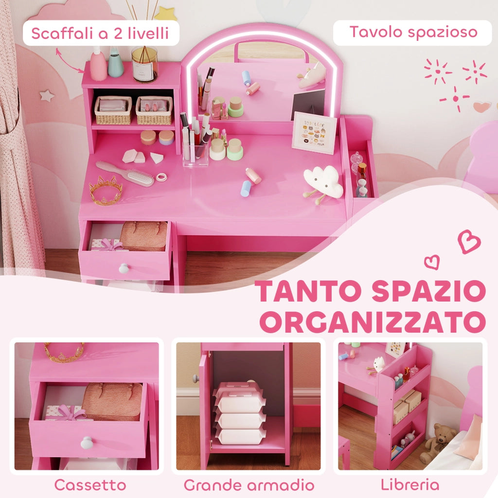 Set toeletta trucco per bambini con specchio, sedia, scaffali e libreria ¨C Minimal ¨C rosa