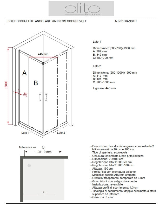 BOX DOCCIA ELITE ANGOLARE 70x100 CM SCORREVOLE OPACO