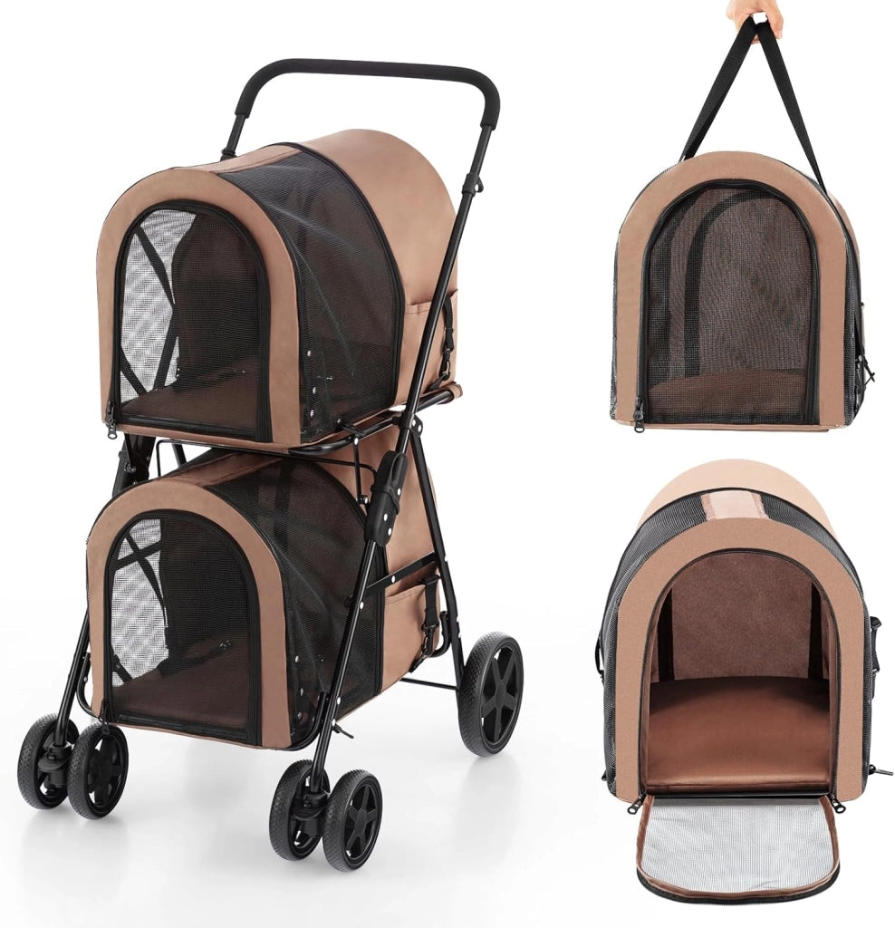 Passeggino per Cani Pieghevole, Carrozzina per Cani Multifunzionale 4 in 1 a Doppio Livello, Passeggino Smontabile con Ruote, Ideale per Passeggiata Viaggio e Shopping (Beige)