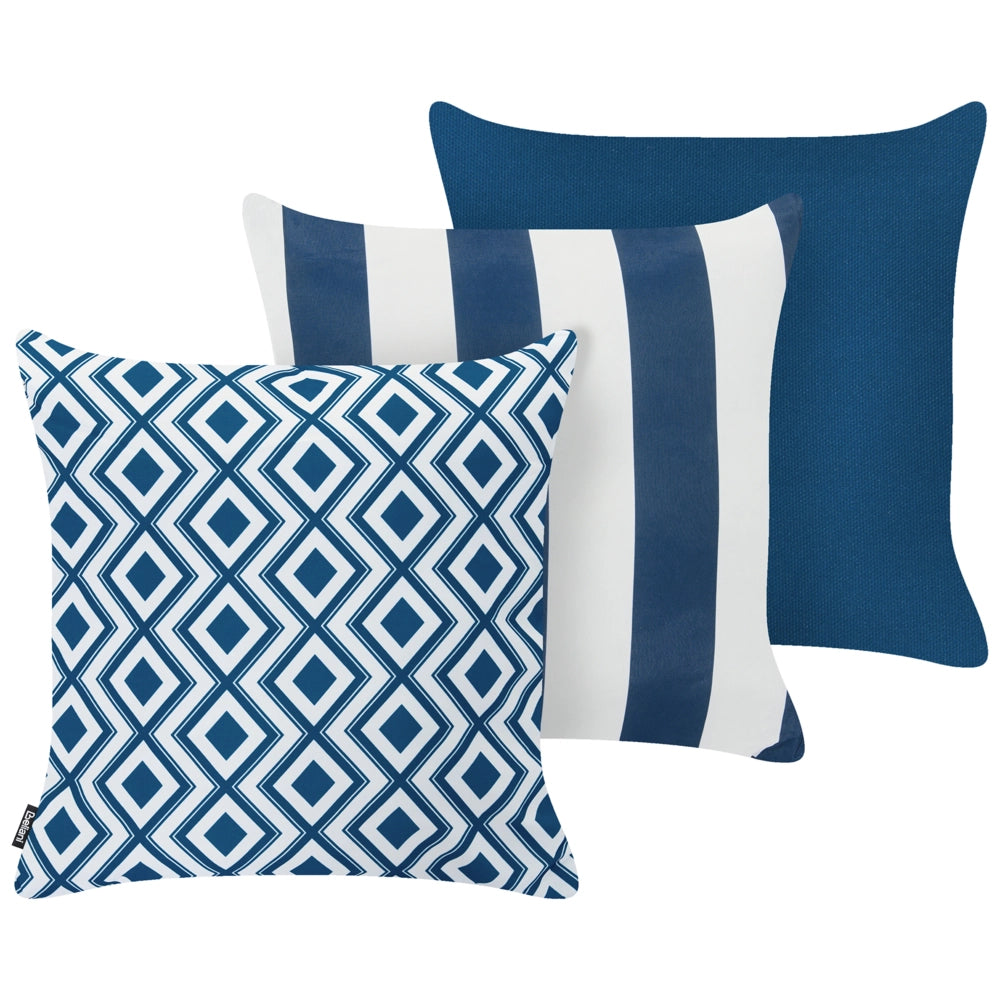 Set di 3 cuscini da esterno bianchi e blu navy in poliestere per giardino
