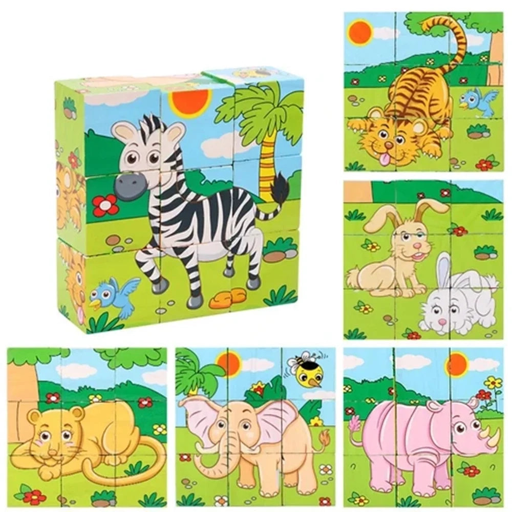 Trade Shop - Puzzle Rompicapo Cubi Legno Bambini Design Animali Giungla Savana Giochi Educativi 31583 -