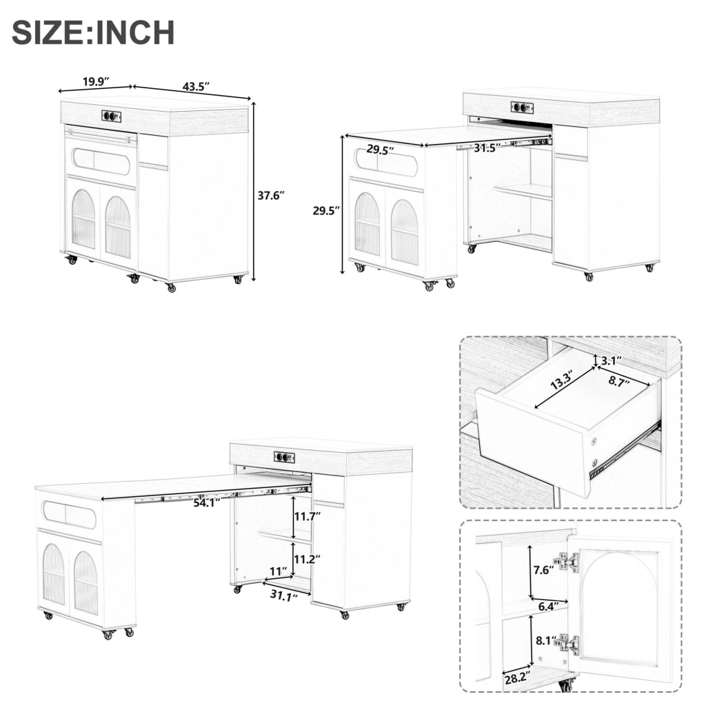 Isola cucina estensibile bianca e naturale con prese integrate