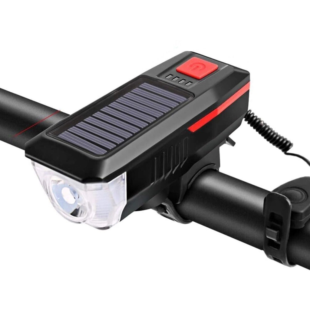 LUCE BICICLETTA LED RICARICABILE ENERGIA SOLARE FARO FANALE BICI USB CLACSON