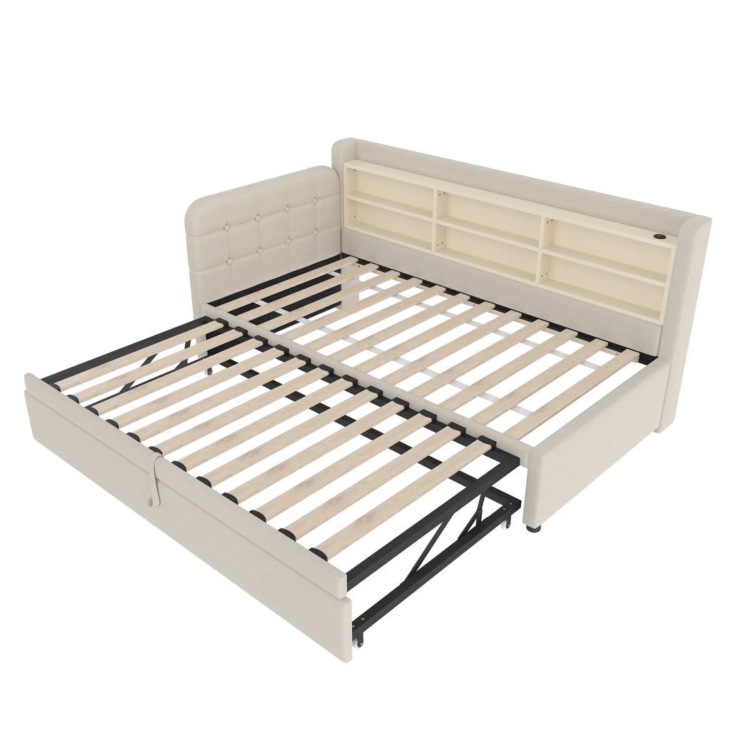 Letto singolo estraibile con USB e Type-C in lino beige con rete a doghe e ripiani integrati