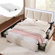LETTO 160x200 cm Beige con LED, 4 cassetti e materasso incluso