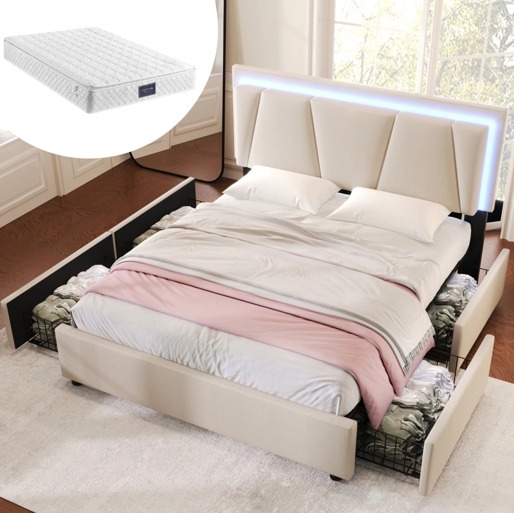 LETTO 160x200 cm Beige con LED, 4 cassetti e materasso incluso