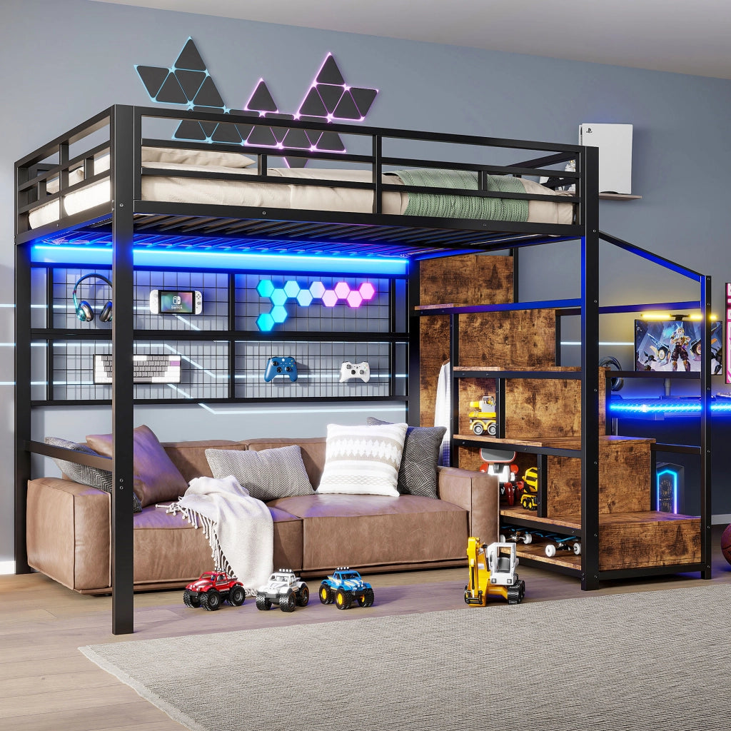 Letto a Soppalco con Armadio e LED ¨C MINIMAL ¨C Nero 140x200