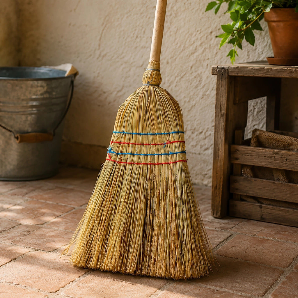 Set 2 Scope in Saggina Naturale con Manico in Legno 135 cm – Scopa Tradizionale per Interni ed Esterni – Ideale per Casa, Cortile, Garage, Magazzino e Giardino
