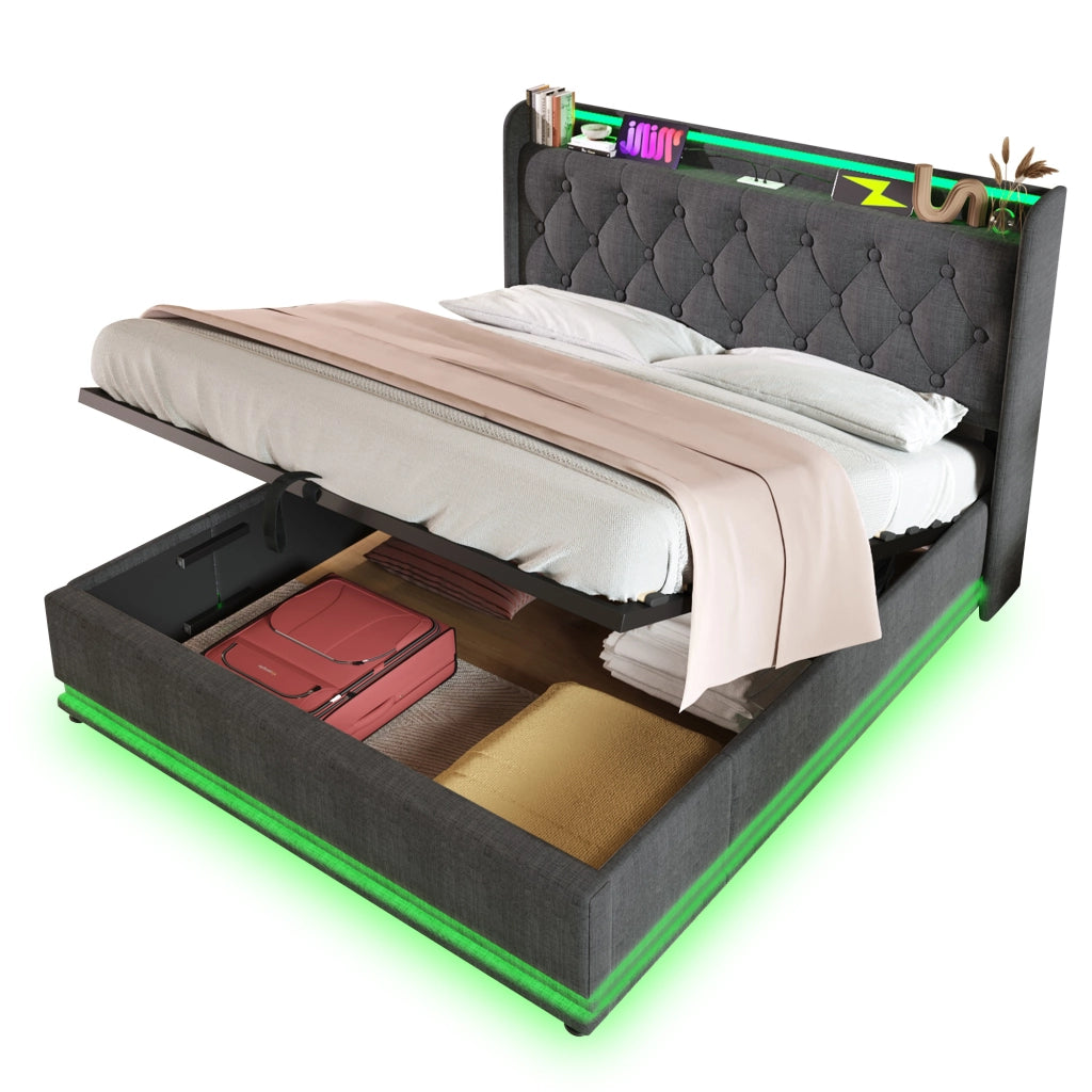 Letto imbottito grigio 140x190 cm con contenitore e illuminazione LED
