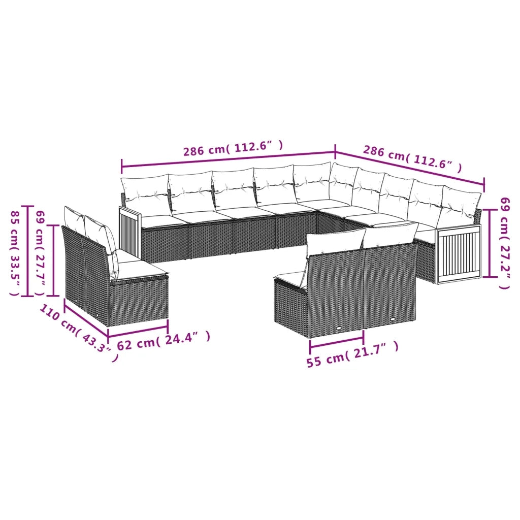 Set Divano da Giardino 13 pz con Cuscini Beige in Polyrattan 3228166