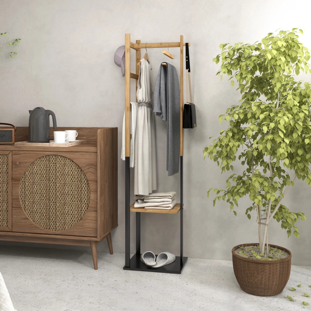 Appendiabiti in Bamb¨´ con Ripiani, Tringa e 4 Barre Laterali ¨C Minimal ¨C Legno