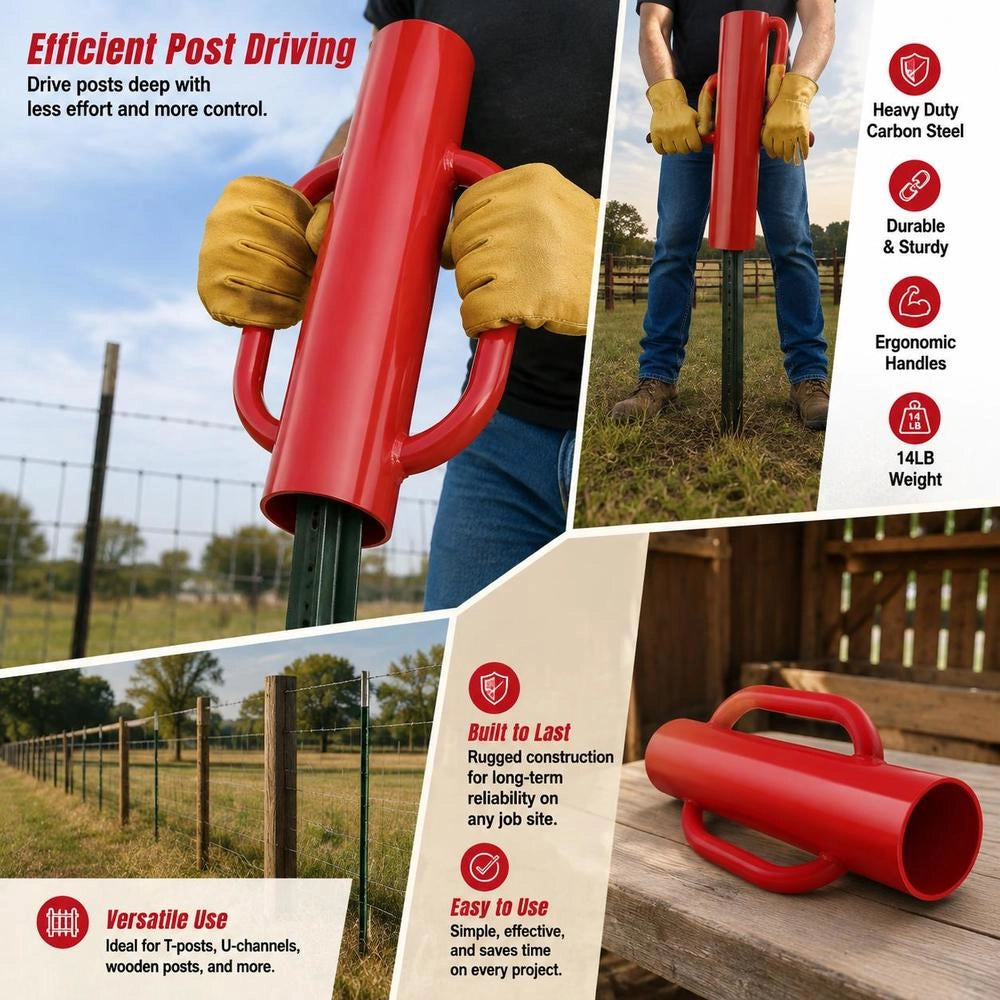 Fence Post Driver With Handles, 2.7 Inch Inner Diameter, T-post Driver, 14 Lb Heavy-duty Hand Post Driver Made Of Carbon Steel, Hole Digger For Farm Fences For U-channels, Signposts, Wooden Posts, Red
