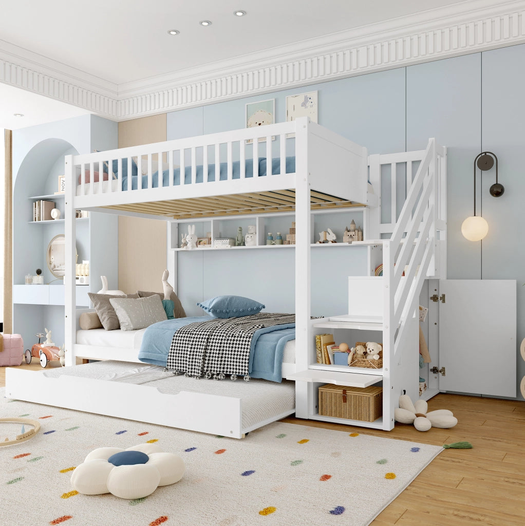 Letto a castello per bambini con letto estraibile, armadio, ripiani e scaletta contenitore, 90x200 cm, bianco