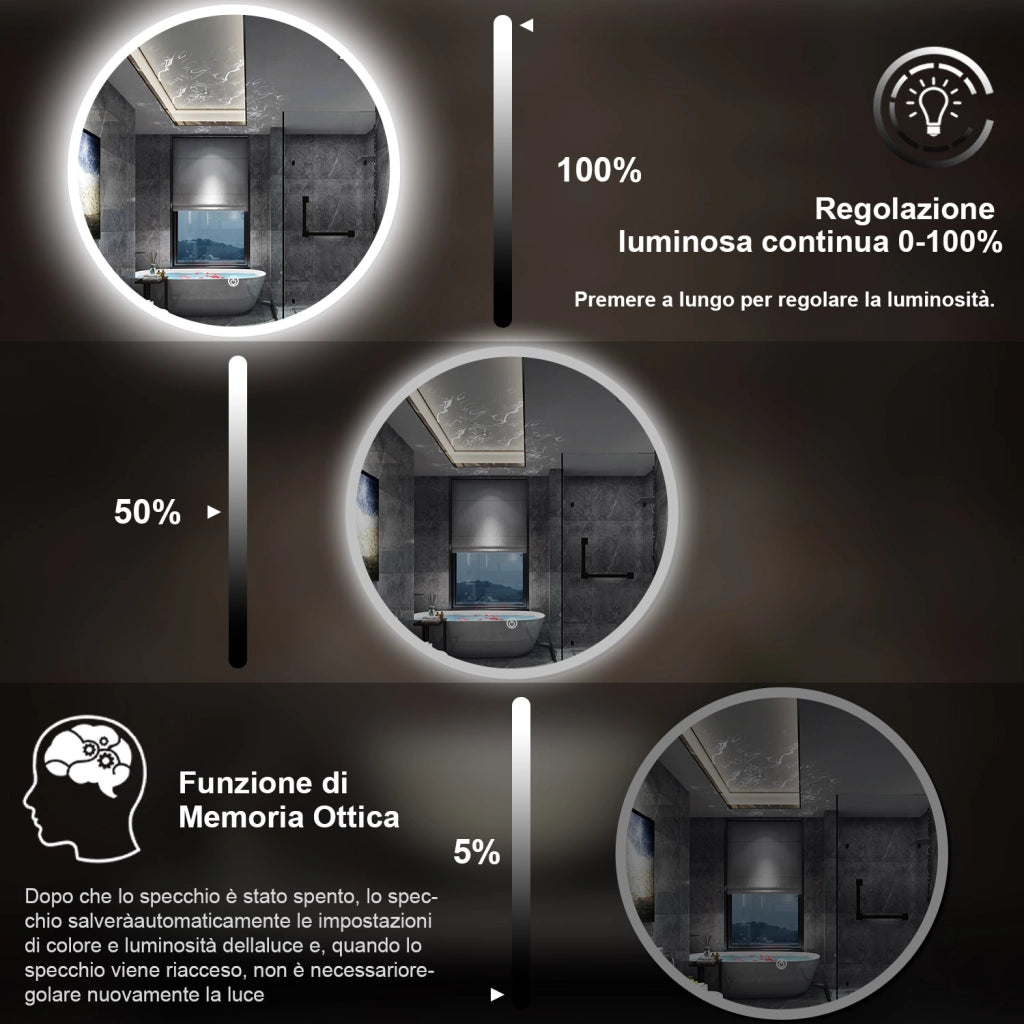specchio 120 cm rotondo con luce led antiappannamento e touch
