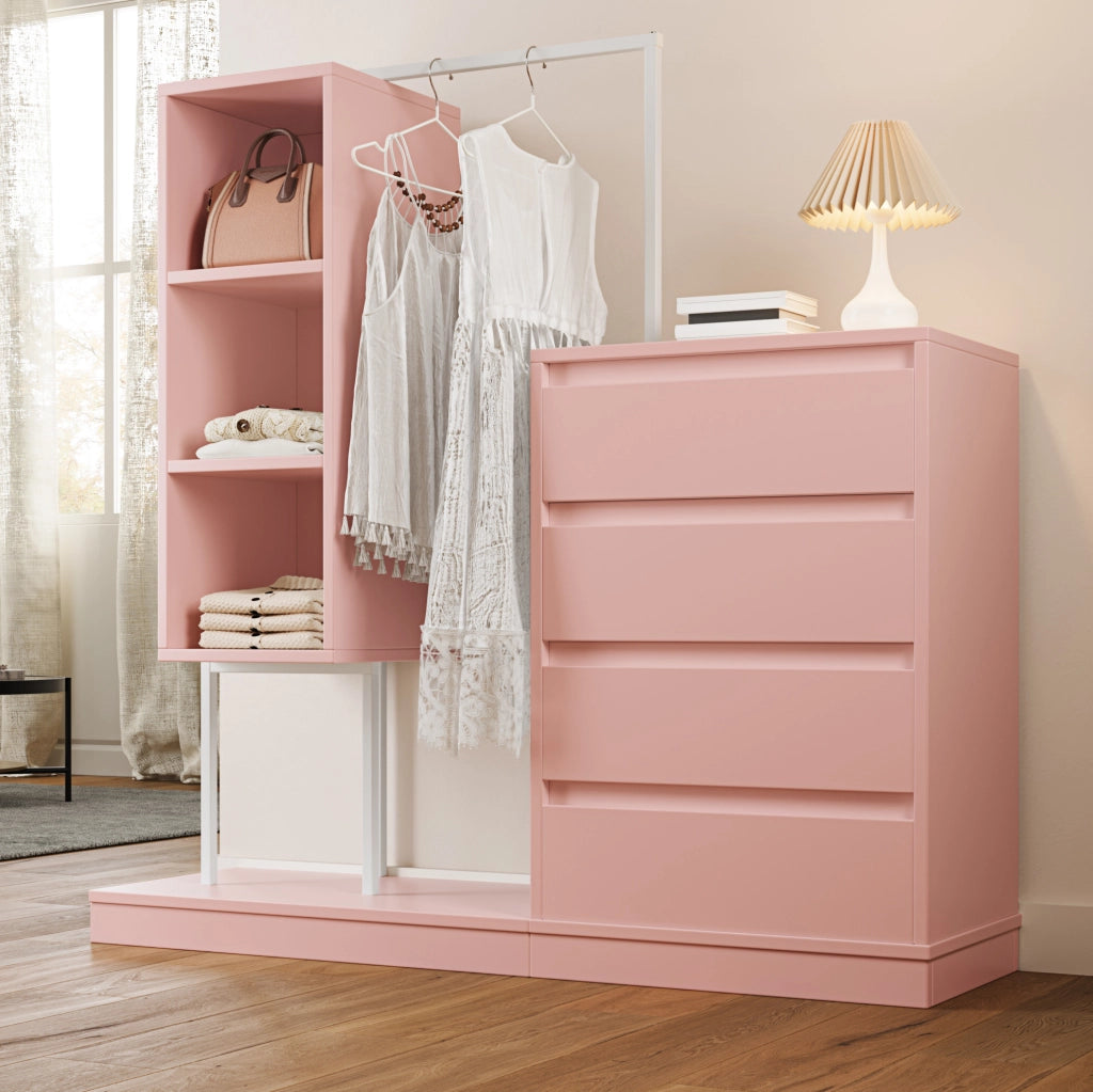 Armadio con cassetti e barra appendiabiti 140x40x135 cm rosa e bianco