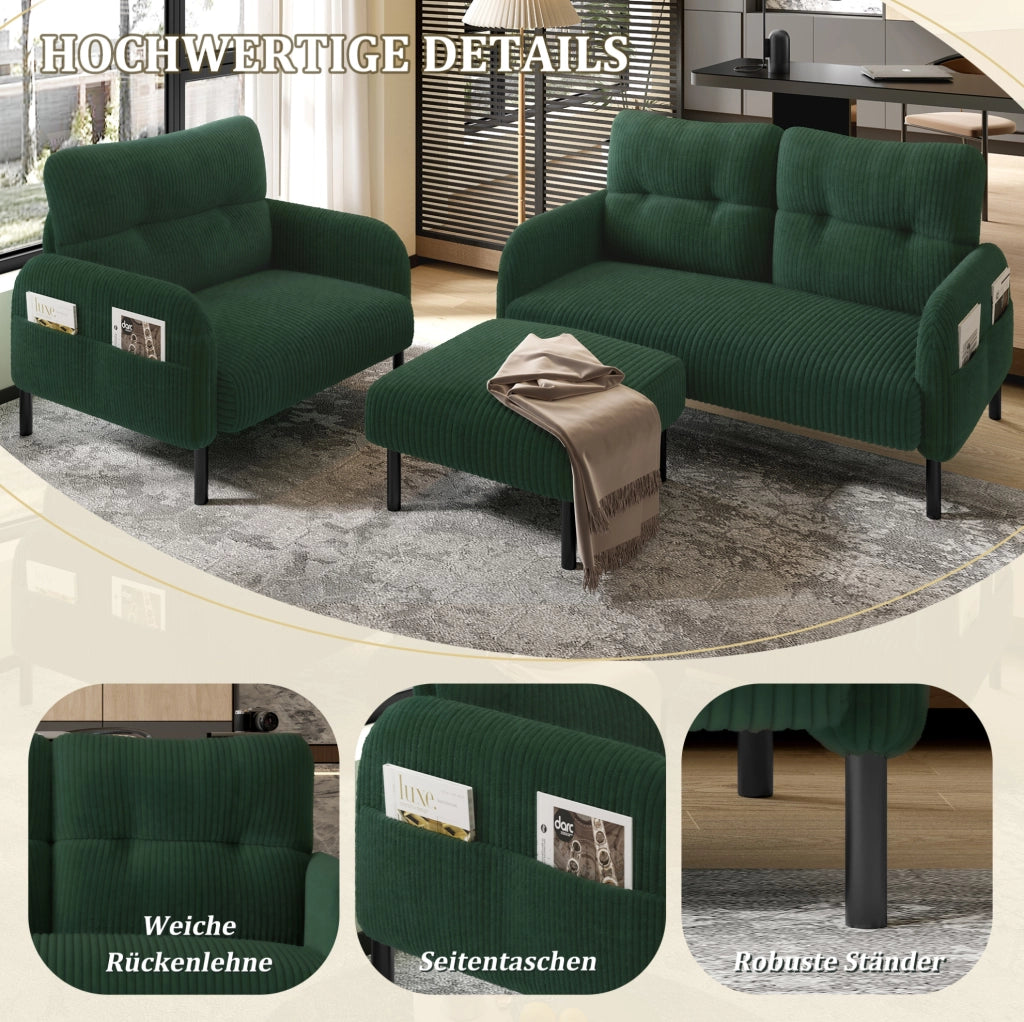 DIVANO Set da 3 pezzi 2 posti, poltrona e pouf in cord verde smeraldo