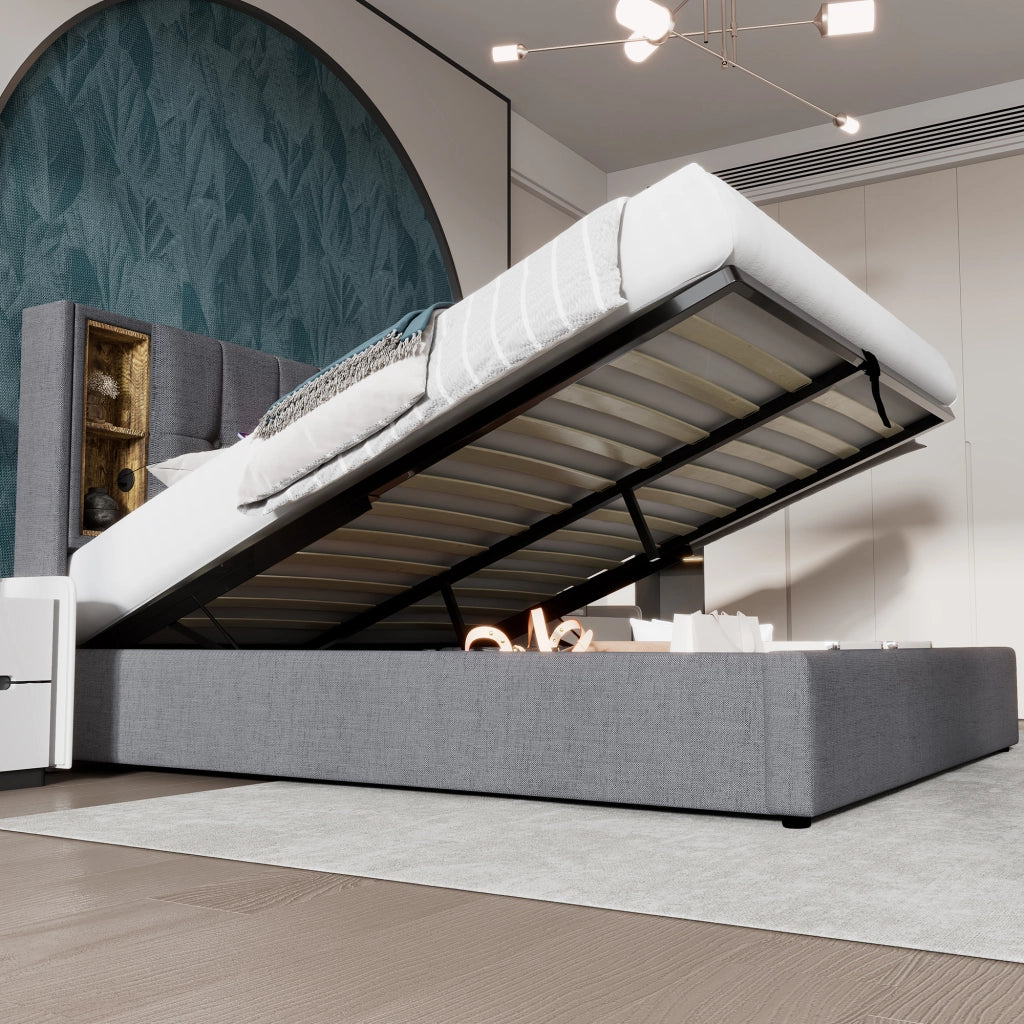 Letto matrimoniale 140x200 cm imbottito grigio con contenitore