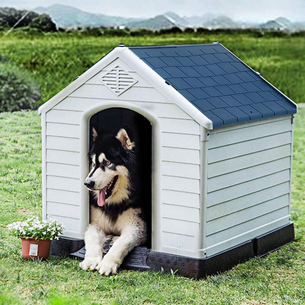 Cuccia per Cani da Esterno Impermeabile, Canile Villa per Cani in PP Resina, Bianco/Blu (85 x 77 x 83 cm)